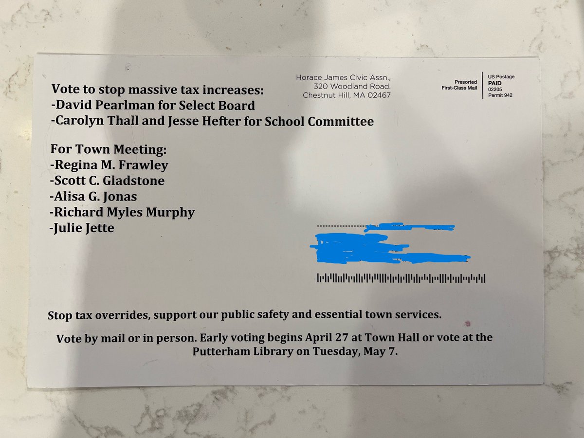 Crowdsourcing: Anyone have info about the "Horace James Civic Association," which is sending out otherwise anon mailers supporting candidates in Brookline's local election to "stop massive tax increases"

(Photo sent by a reader)