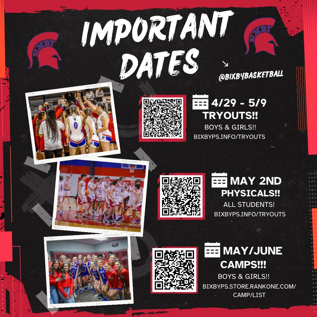 🚨🚨🚨🚨🚨🚨🚨🚨 IMPORTANT DATES!! Please take note of the quickly approaching dates for: - Physicals - Tryouts (Boys & Girls) - Camps Links for more info: - bixbyps.info/tryouts - bixbyps.store.rankone.com/camp/list @HomeofSpartans @BasketballBixby @rylittlejohn @KightLance @bixbywbb…