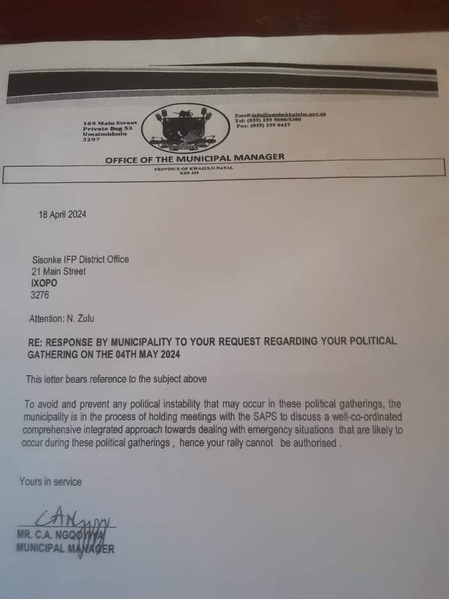 NEWS: Another municipality run by the ANC has turned down the IFP’s application to hold a rally in its town. The IFP wanted to hold a rally on 4 May in the southern KZN town of Umzimkhulu, but the municipality manager, Andile Ngcoya, turned them down. In his letter to the party,…