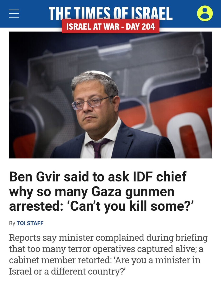 Questo uomo, che tiene in piedi il governo di Bibi, ed in cui è Ministro per la Sicurezza, vorrebbe che IDF si comportasse in modo contrario ai dettami della Convenzione di Ginevra. @danielhazan