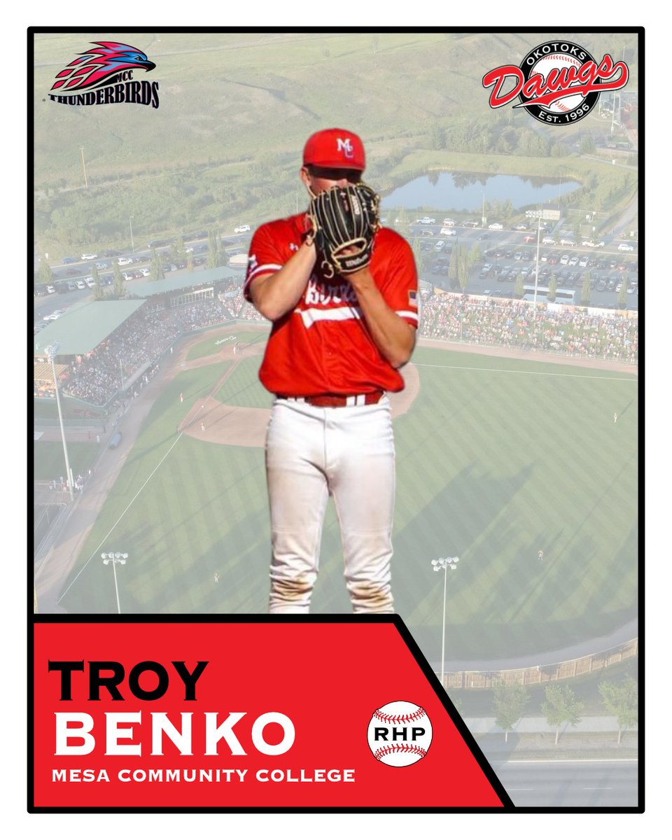 Please welcome RHP Troy Benko (Mesa Community College) to your 2024 Dawgs! So far for the Thunderbirds, Benko has made 14 appearances including 7 starts with 41 IP and 40 Ks with just 10 walks. Welcome to Okotoks, Troy! #dawgs #WCBL #signed #collegesummerbaseball
