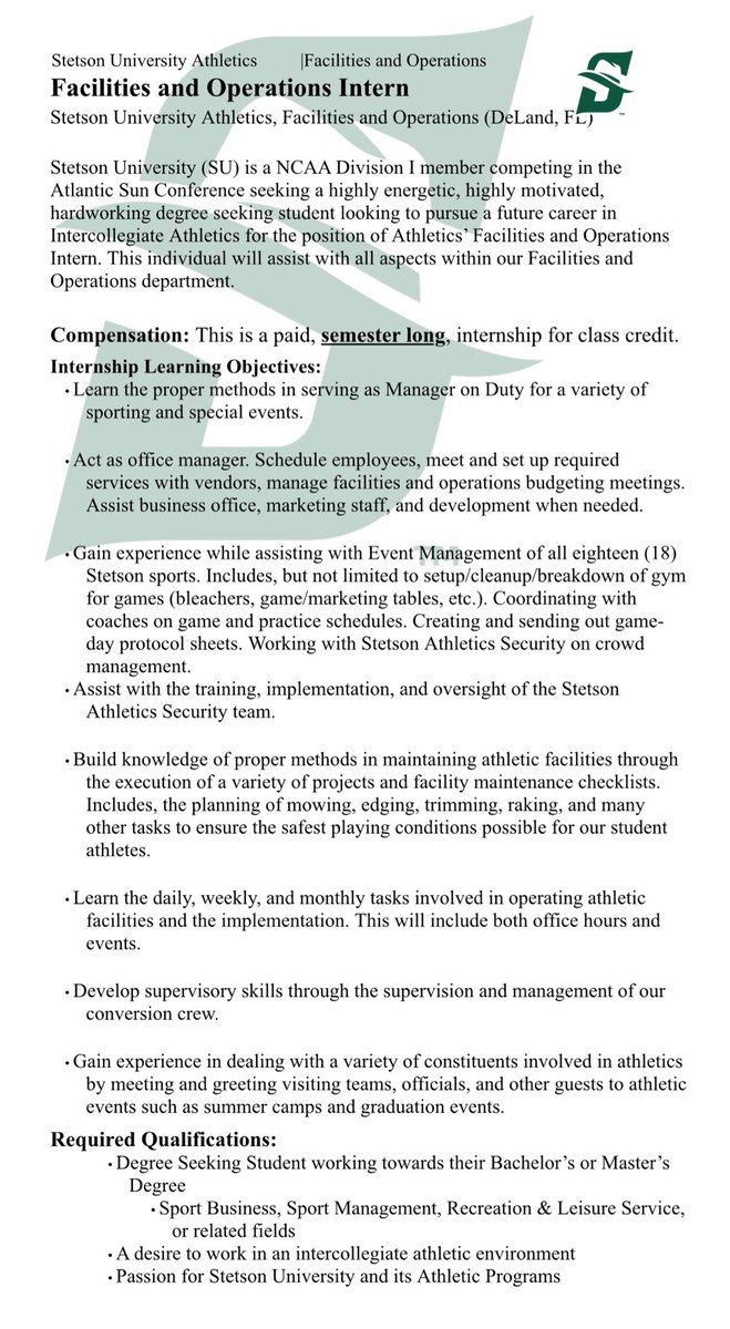 SPMTInternInfo's tweet image. Stetson University Athletics Fall Internship Opportunity- Look below and apply today 👍😎