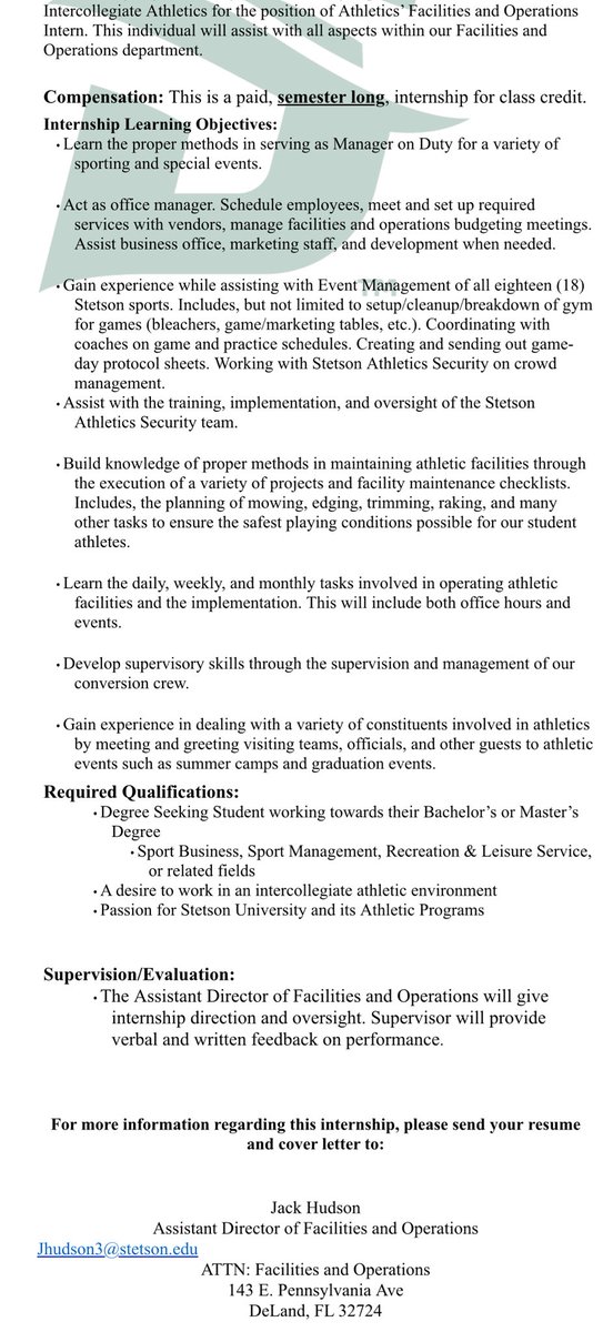 SPMTInternInfo's tweet image. Stetson University Athletics Fall Internship Opportunity- Look below and apply today 👍😎
