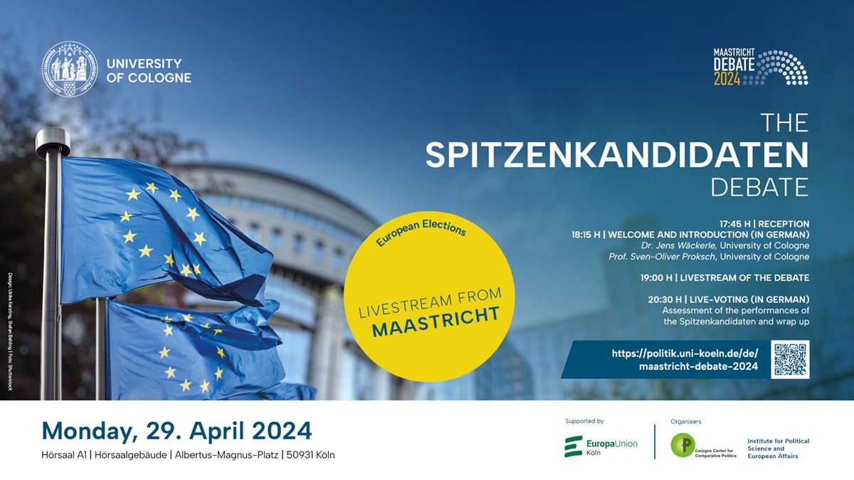 Maastricht Debate 2024: The Spitzenkadidaten Reception with drinks and Livestream - Welcome and introduction by @Jwaeckerle and @so_proksch! 📅 Monday, 29 April 2024, 🕠 5:45 pm 📍 Lecture Hall Building (105), Lecture Hall A1 📝: politik.uni-koeln.de/de/maastricht-… @CompPolCologne #EUE