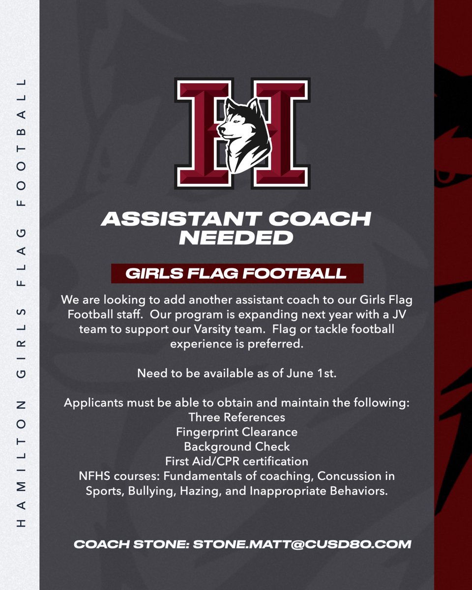 Be a part of our growing flag football family at Hamilton. We are looking to add 1-2 coaches to our staff. Please DM us or contact Coach Stone via email. Stone.Matt@cusd80.com @HHS_Athletics_1 @CUSDAthletics