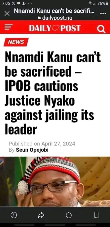 IPOB PRESS RELEASE 27th April, 2024 IPOB ONCE AGAIN DEMAND THAT JUSTICE BINTA NYAKO STEP DOWN FROM MAZI NNAMDI KANU'S CASE The global family and movement of the Indigenous People of Biafra (IPOB) ably led by the indomitable and charismatic leader Mazi Nnamdi Okwuchukwu Kanu