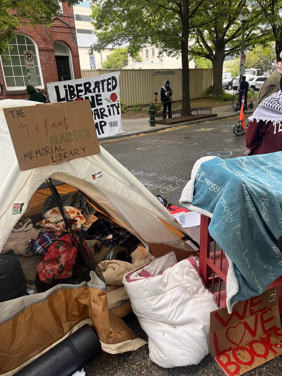 The student encampment at George Washington University is going strong despite threats and suspensions from the administration. The students have erected the Refaat Alareer Memorial Library. It’s stocked with titles on Gaza