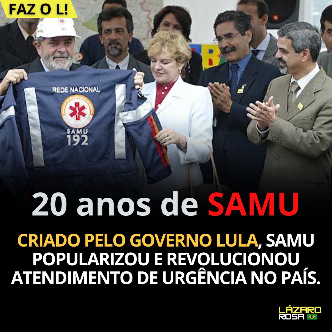 Hoje é aniversário de 20 anos do SAMU: Criado pelo presidente @LulaOficial e pelo Senador @senadorhumberto, Ministro da Saúde em 2004, SAMU revolucionou atendimento de urgência no país e popularizou primeiros socorros. Até 2003, na maior cidade no Brasil, demorava-se 40 minutos,…