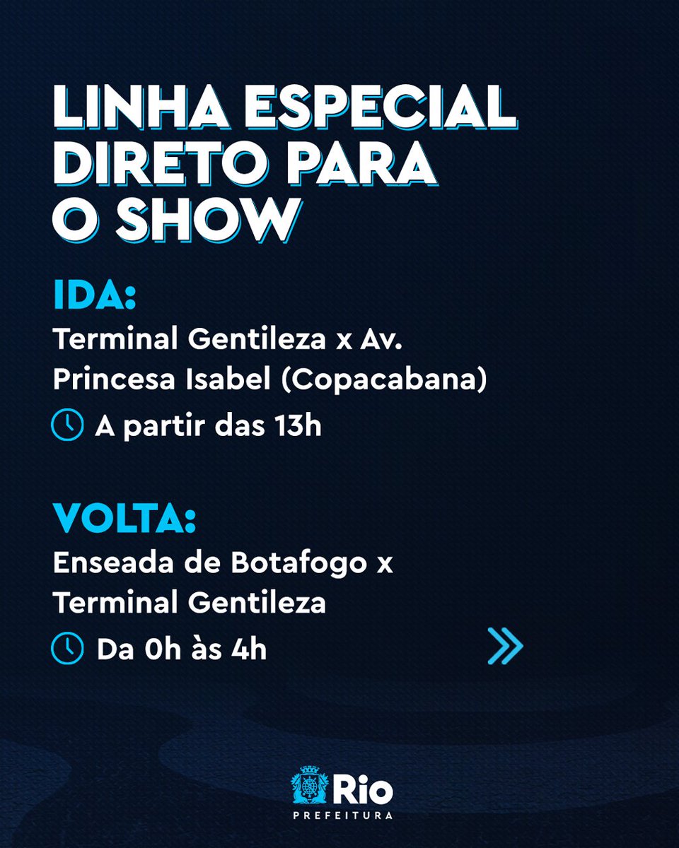 A rainha do pop vai se apresentar em Copacabana no próximo sábado (04/05). Para facilitar o deslocamento do público, preparamos uma operação especial para os transportes públicos.

Confira e compartilhe!