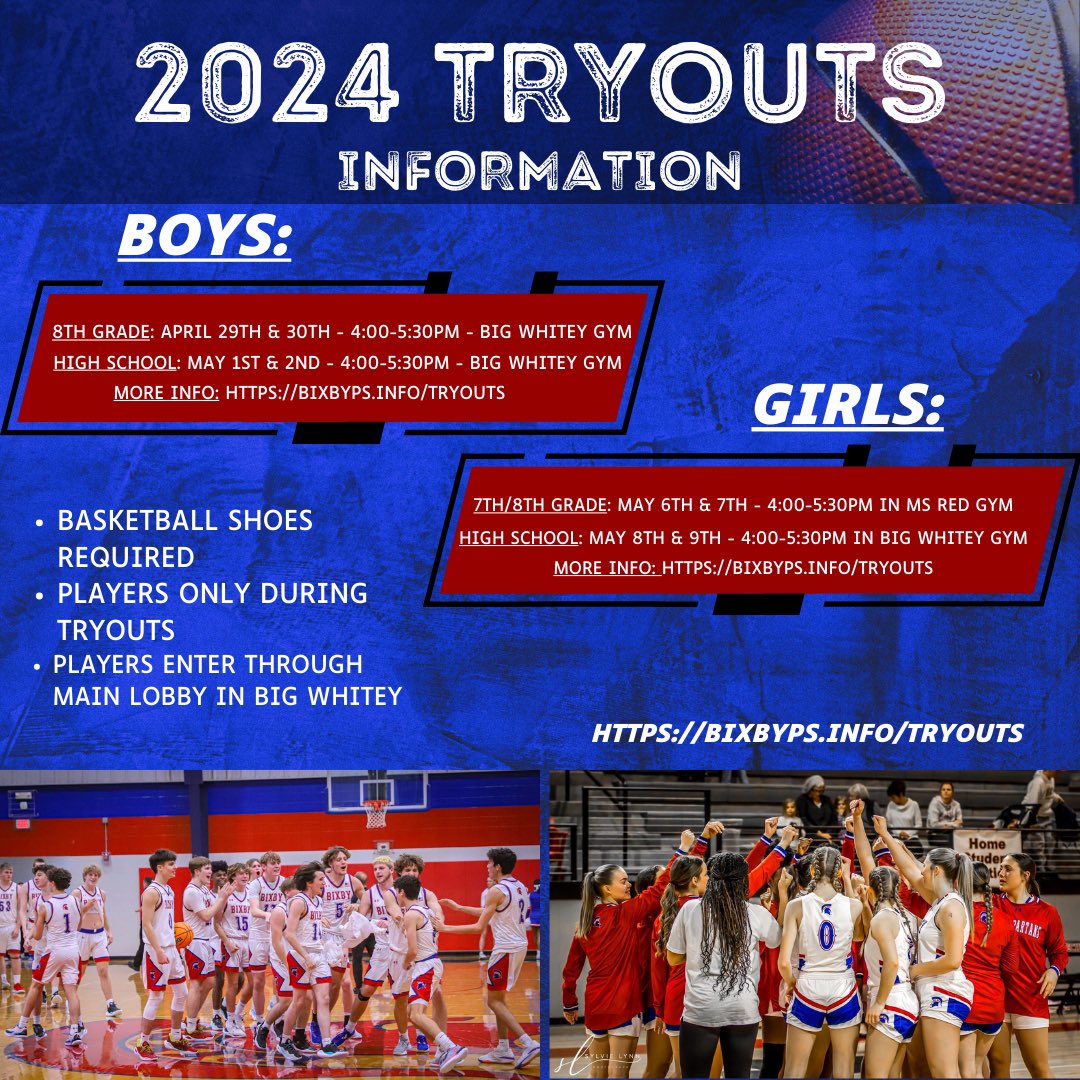 🏀🏀🏀🏀🏀🏀🏀🏀 2024 Tryouts!! 🏀🏀🏀🏀🏀🏀🏀🏀 🔴 Please see graphic and link below for more information! Link: Bixbyps.info/tryouts @HomeofSpartans @BasketballBixby @rylittlejohn @KightLance @bixbywbb #bixbybasketball #bixbyspartans