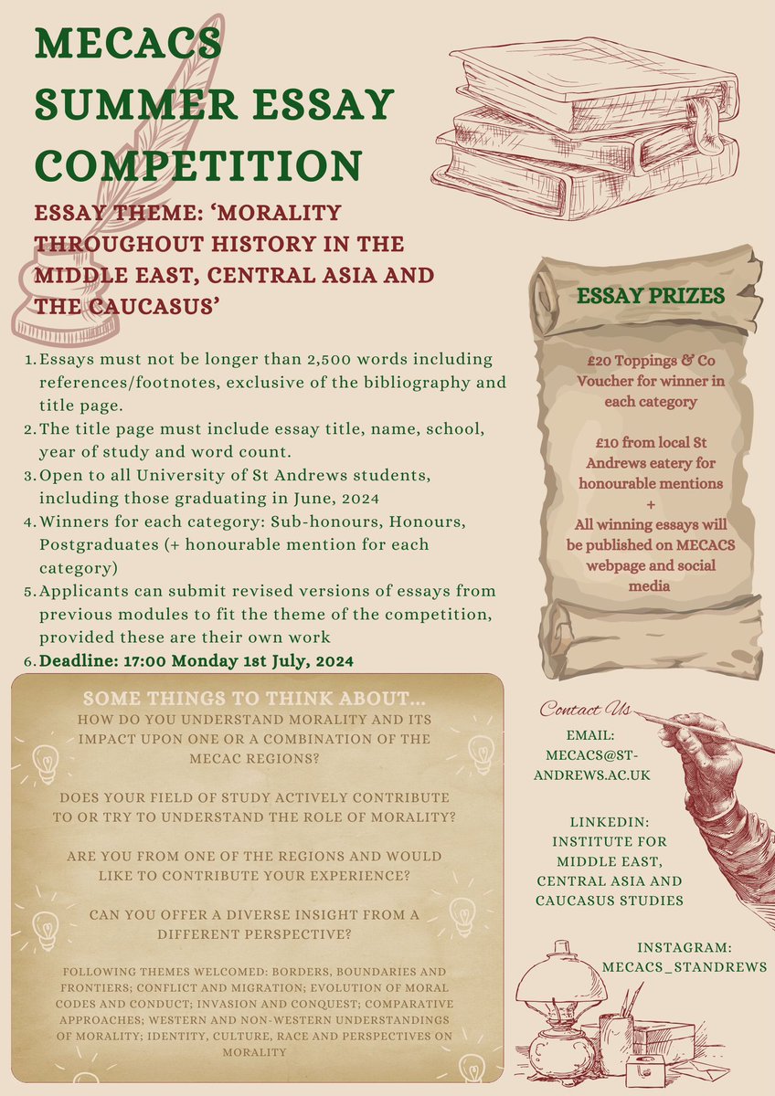 🚨SUBMISSIONS ARE OPEN FOR OUR SUMMER ESSAY COMPETITION!🚨 This year's theme is 'Morality Throughout History in the Middle East, Central Asia and the Caucasus.' Full details on the poster and at mecacs.wp.st-andrews.ac.uk/2024/call-for-… Please share with your students and colleagues, and repost!