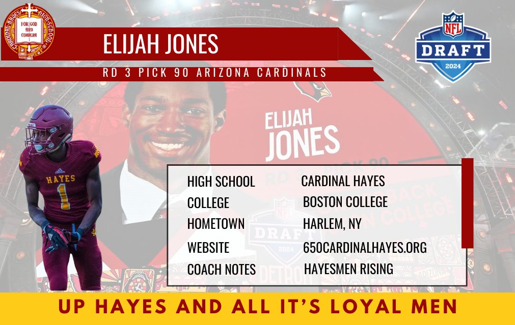 Congratulations to Elijah Jones ‘18 on being selected by the Arizona Cardinals with the 90th pick in the 3rd round of the NFL Draft! Up Hayes And All Its Loyal Men!