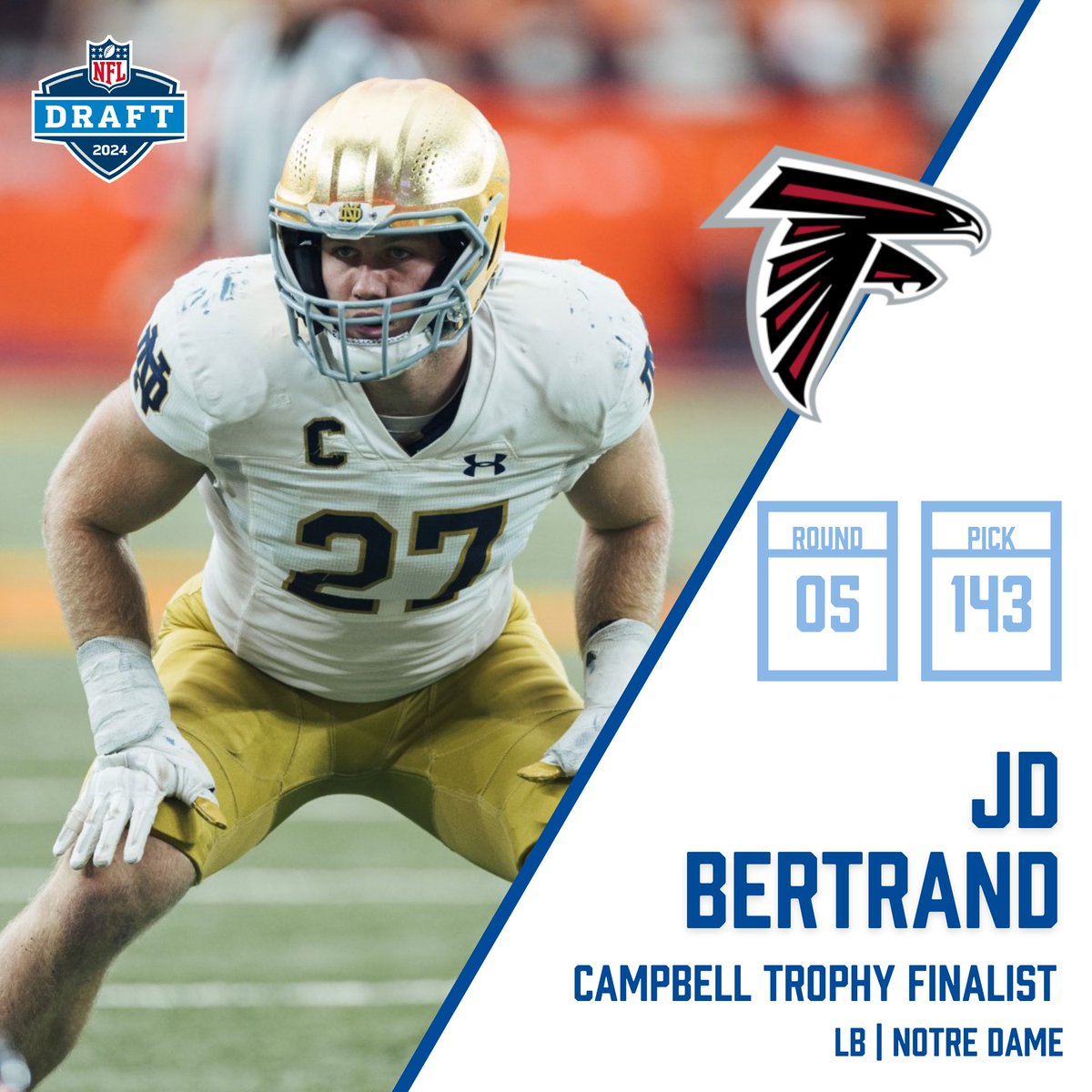 JD to ATL -- this Georgia boy is headed home! Congrats to 2023 #CampbellTrophy finalist JD Bertrand, the newest member of the Falcons!