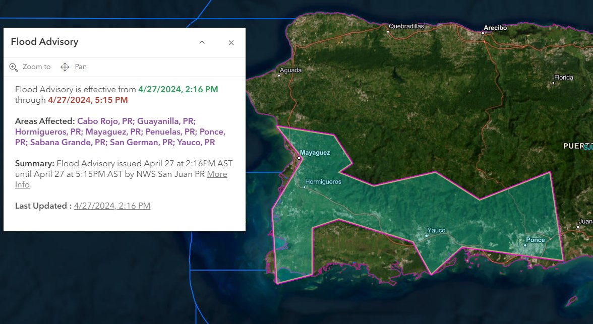 Apr 27 2:20 PM AST- Cabo Rojo, Guayanilla, Hormigueros, Mayagüez, Peñuelas, Ponce, Sabana Grande, San Germán, Yauco. Flood Advisory until 5:15 PM AST. Advertencia de inundaciones hasta las 5:15 PM AST. #prwx