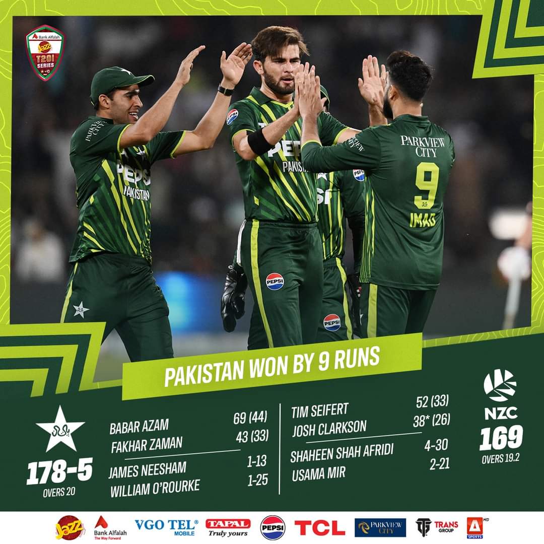 Pakistan clinch the final T20I by 9️⃣ runs.🥳🇵🇰 POTM: Shaheen Shah Afridi 🥇 POTS: Shaheen Shah Afridi ❤🥇 Pakistan successfully defend 178 to draw the series 2-2 after a King Babar Azam half-century and Shaheen Shah Afridi 4-fer.🔥❤🇵🇰 #BabarAzam𓃵 #PAKvNZ
