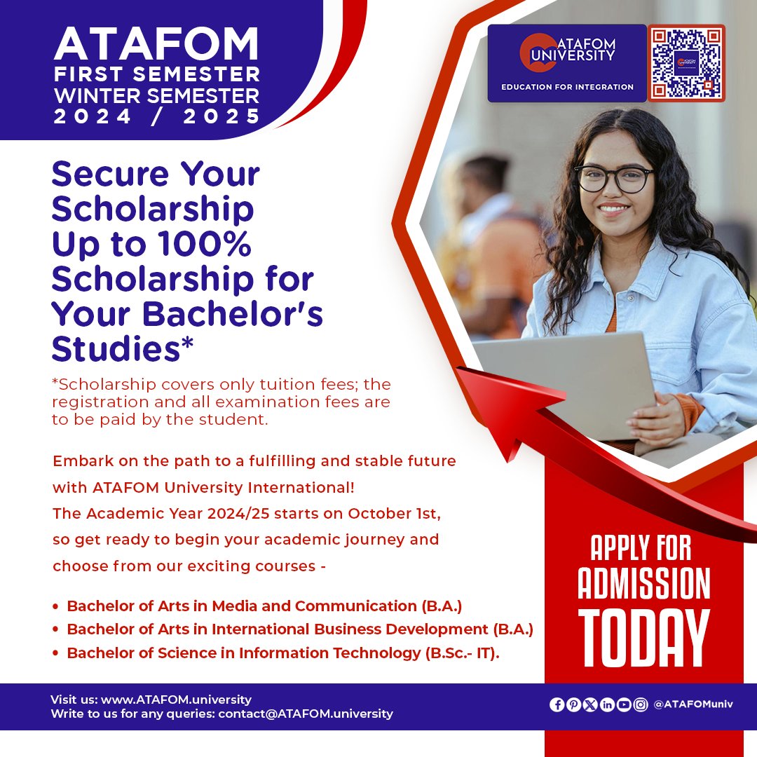 Experience top-notch education with us!

Don't wait, apply now!

ATAFOM.university/apply-to-ATAFO…

#onlinecampus #ATAFOMonlinecampus #onlinelearning #Learning #Education #Student #inspiration #bachelorcourses #education #university #admission #english #ielts #language #admissionopen…