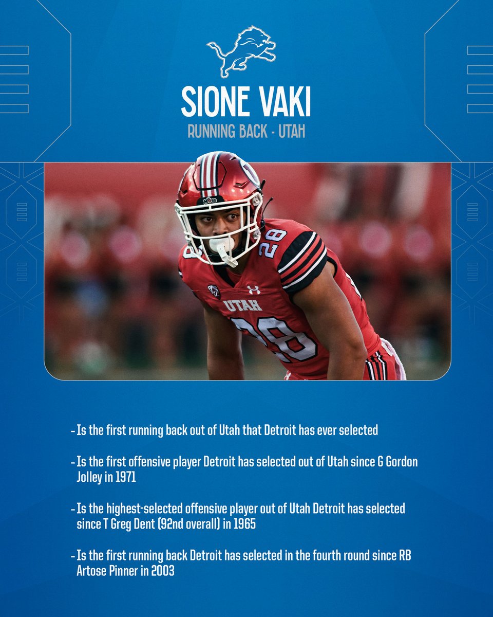 Newly-selected @Lions RB @sione_vaki is the first running back Detroit has ever selected from @Utah_Football. #OnePride