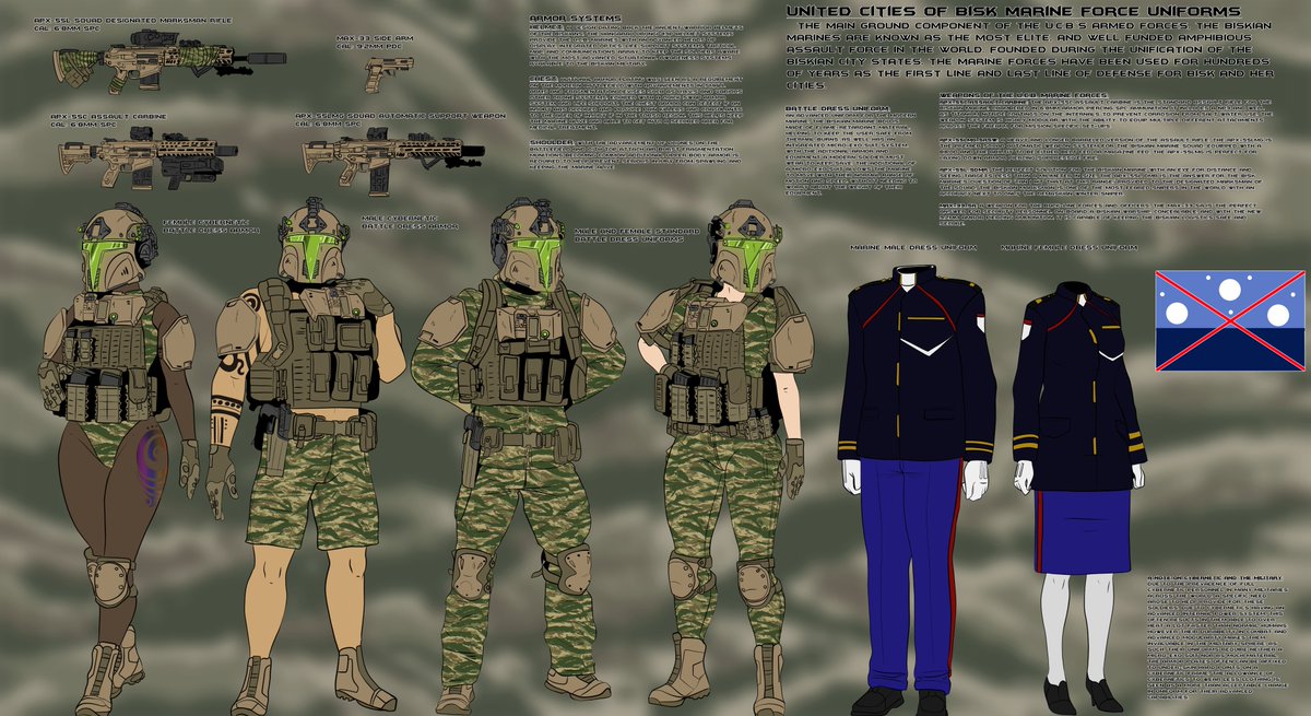 United Cities Of Bisk Marine Battle Dress Uniforms and Weapons Sheet.

Check out one of the faction's uniforms for my own universe, Whiskey Tango Foxtrot!

(note: text might be hard to read. Full quality posted below.) 

Enjoy!

#rkgk #anime #military #tactical #original