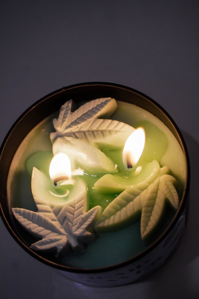 When your all natural, soy, Hemp Leaves Candle is lit, you can feel it in the air 🤌🏽🕯️🍃 Hand poured by #katandpepper ✨ #candle #organic #hemp #leaves #cbd #relax #breath