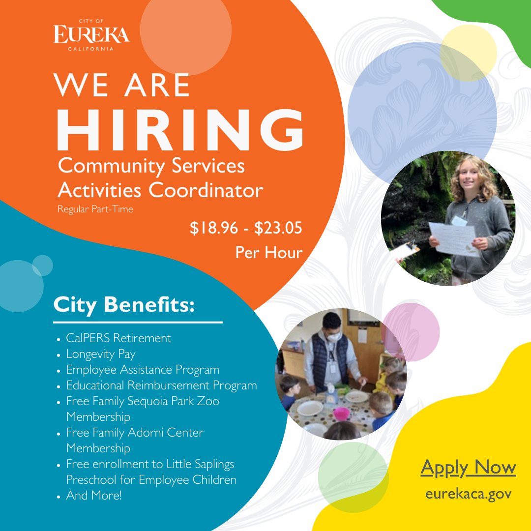 Applications will close Monday, April 29th at 5:00 PM. Apply now!!

View the job posting: tinyurl.com/2jzabxnc 

Visit tinyurl.com/ymfaz428 to learn more about how to apply. 

#eurekahiring #communityservices #activitiescoordinator  #governmentjobs