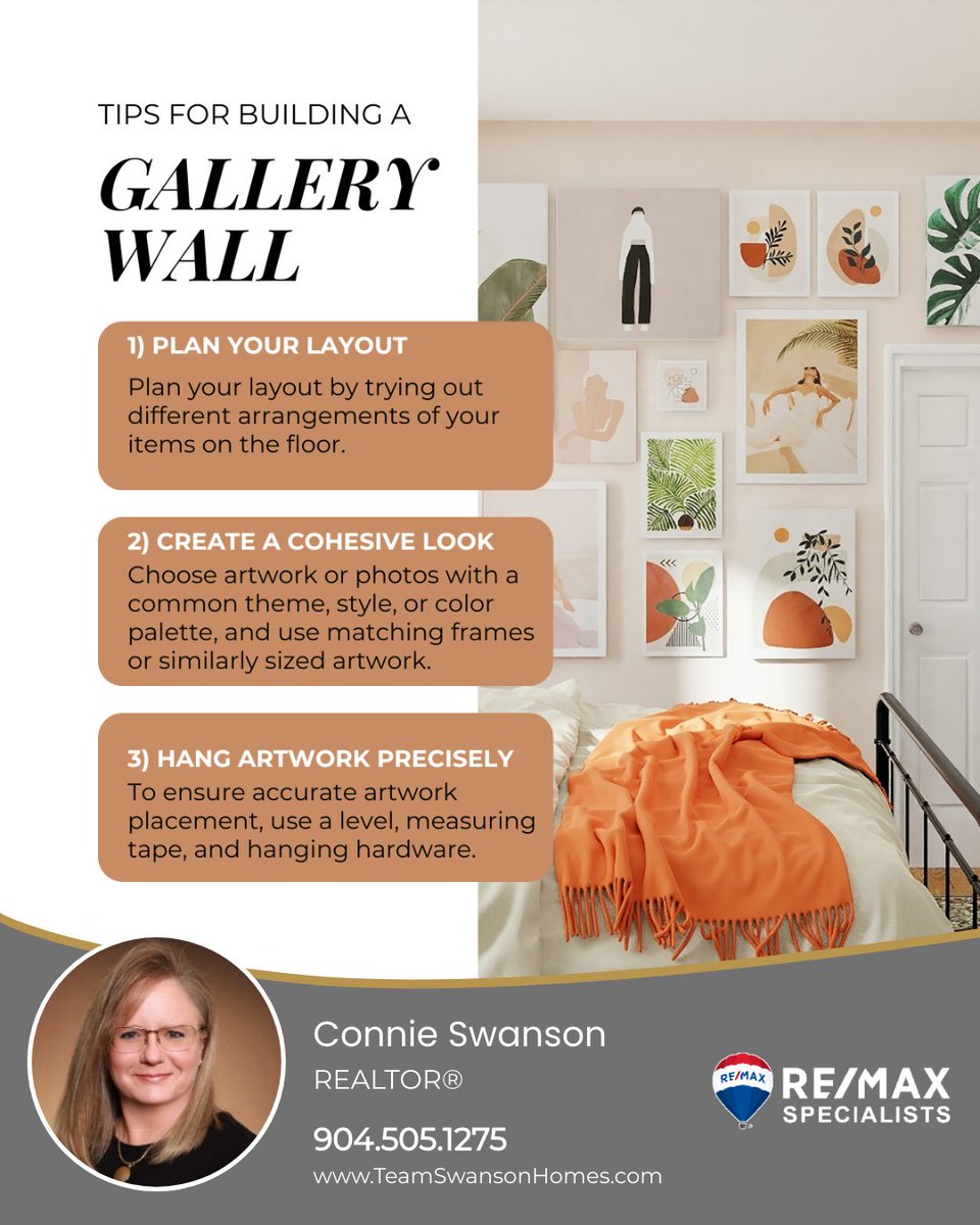 Whether you're a seasoned curator or just dipping your toes into the world of wall decor, these expert tips will help you craft a gallery wall that reflects your style and passions.

#TeamSwansonHomes #ListingSpecialist #BuyerSpecialist #RealEstate #JacksonvilleRealEstate