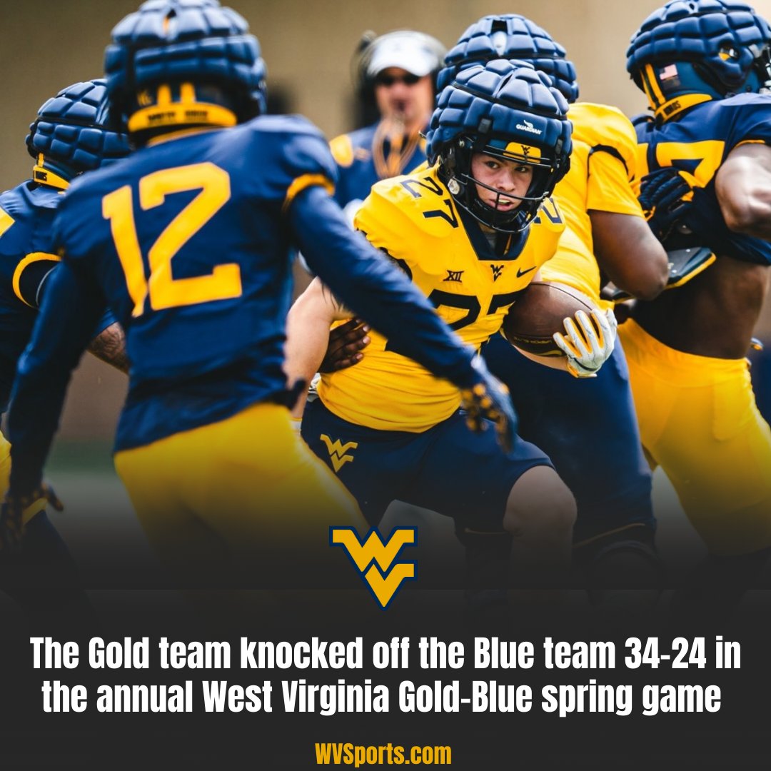 Game Recap: gowvu.us/tum The Gold team knocked off the Blue team 34-24 in the annual #WVU Gold-Blue spring game. #HailWV