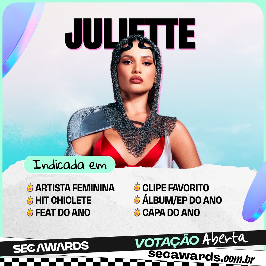 .@Juliette está indicada em seis categorias no #SECAwards 2024! 🎤 A votação está aberta e no site os votos tem peso 2. secawards.com.br