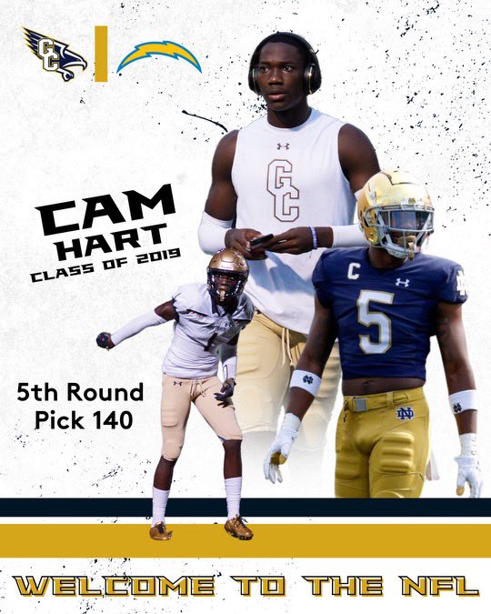 Congratulations to another one of our very own, Cam Hart, on being drafted by the Los Angeles Chargers! One of the GC Football GREATS! We’re very proud of you, @CamHart_! #WeAreGC