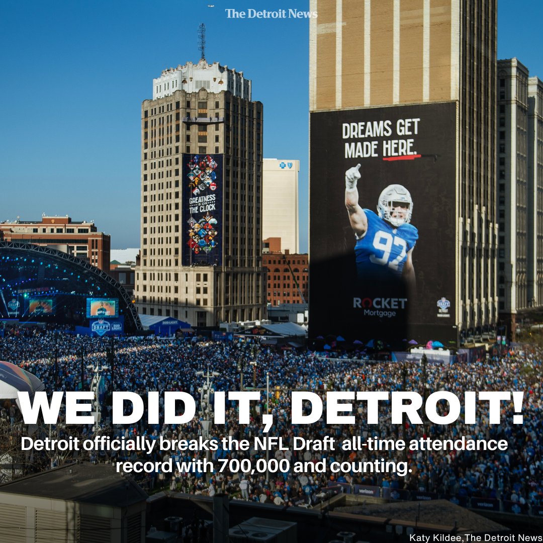 Detroit, you did it. On Saturday, Michigan Gov. Gretchen Whitmer announced the 2024 #NFLDraft officially set the three-day attendance record for the event with 700,000 people and counting, breaking the record of 600,000 set by Nashville in 2019. 🔗: detroitnews.com/story/news/loc…