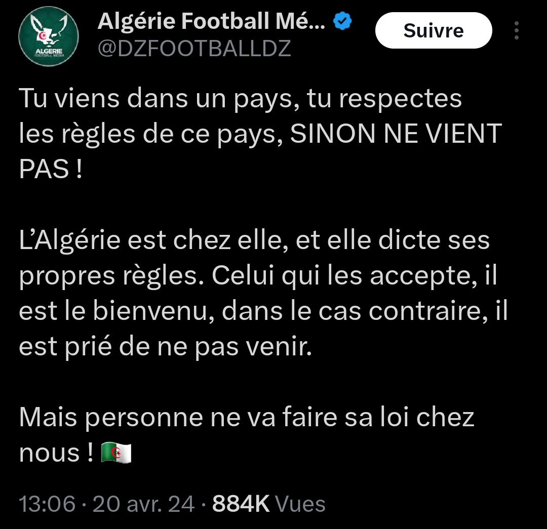 Tu viens dans un pays, tu respectes les règles de ce pays, SINON NE VIENT PAS ! Le Maroc est chez lui, et il dicte ses propres règles. Celui qui les accepte, il est le bienvenu, dans le cas contraire, il est prié de ne pas venir. Mais personne ne va faire sa loi chez nous !🇲🇦