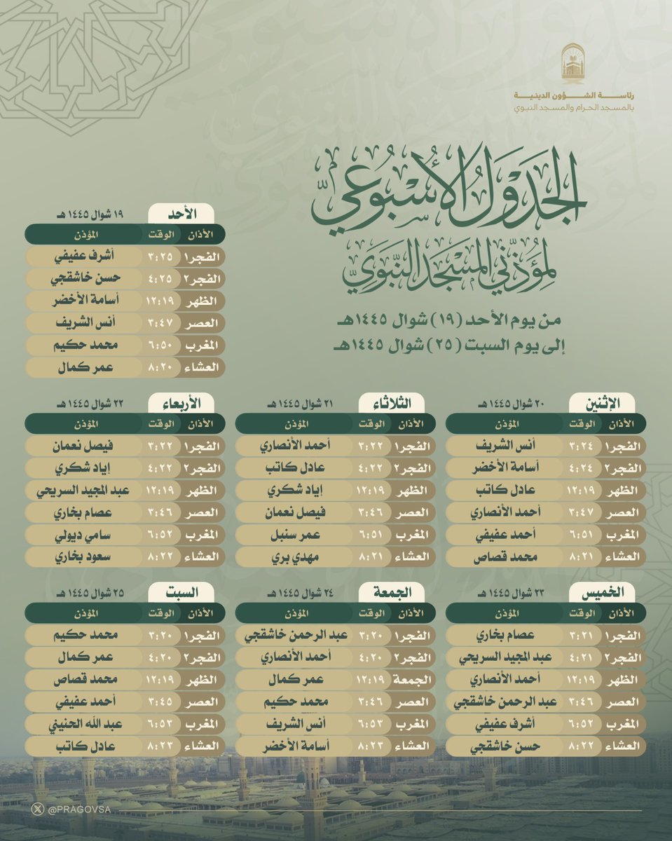 جدول المؤذنين الأسبوعي بالمسجد النبوي

#المسجد_النبوي
#رئاسة_الشؤون_الدينية_بالمسجد_الحرام_والمسجد_النبوي