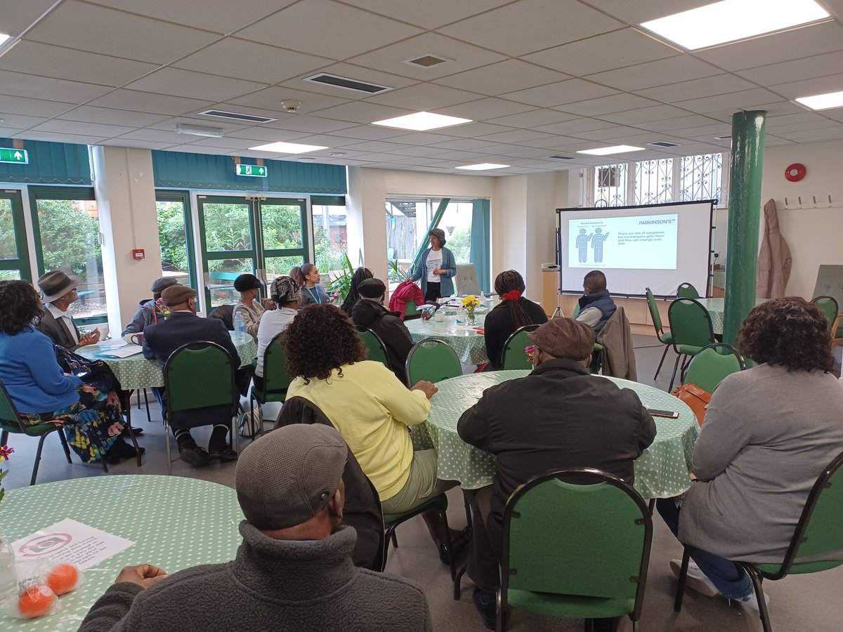 ParkinsonsShef1's tweet photo. A FANTASTIC Awareness event @sadaccawicker @SadaccaLimited @ParkinsonsUK @BhanuPhysio Alex Edwards and Rose Crawley talking with, and hearing perspectives from some of #Sheffield Black African and Caribbean community of Parkinson's. Met Cecil (90) and brother Josylin (94)! https://t.co/EJpmVullov