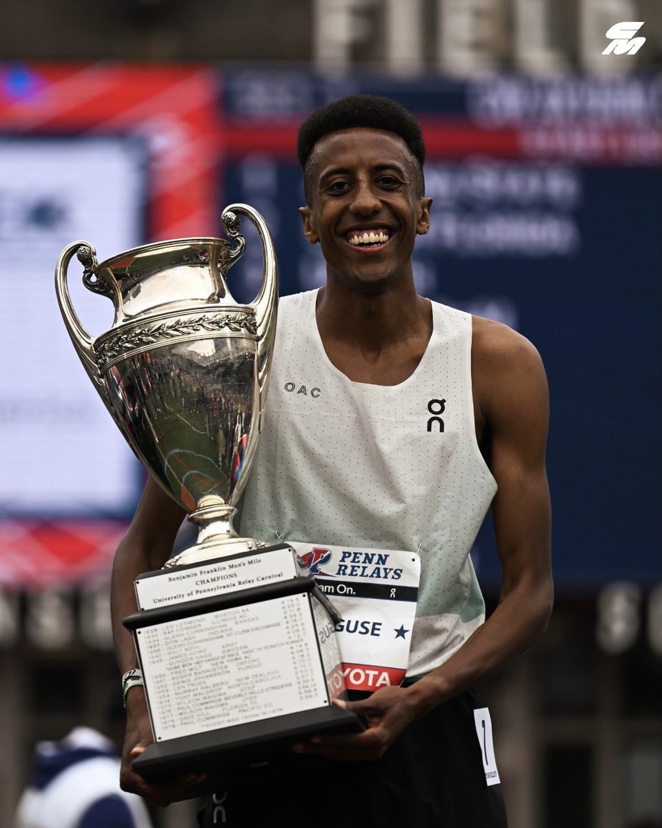 50 years of history are no match for the Goose 🏆 Yared Nuguse takes down the 1974 @pennrelays record in the mile with a 3:51.06 victory over teammate Olli Hoare (3:51.28), with both athletes and Eric Holt (3:51.46) also taking down the 45-year-old Franklin Field record.