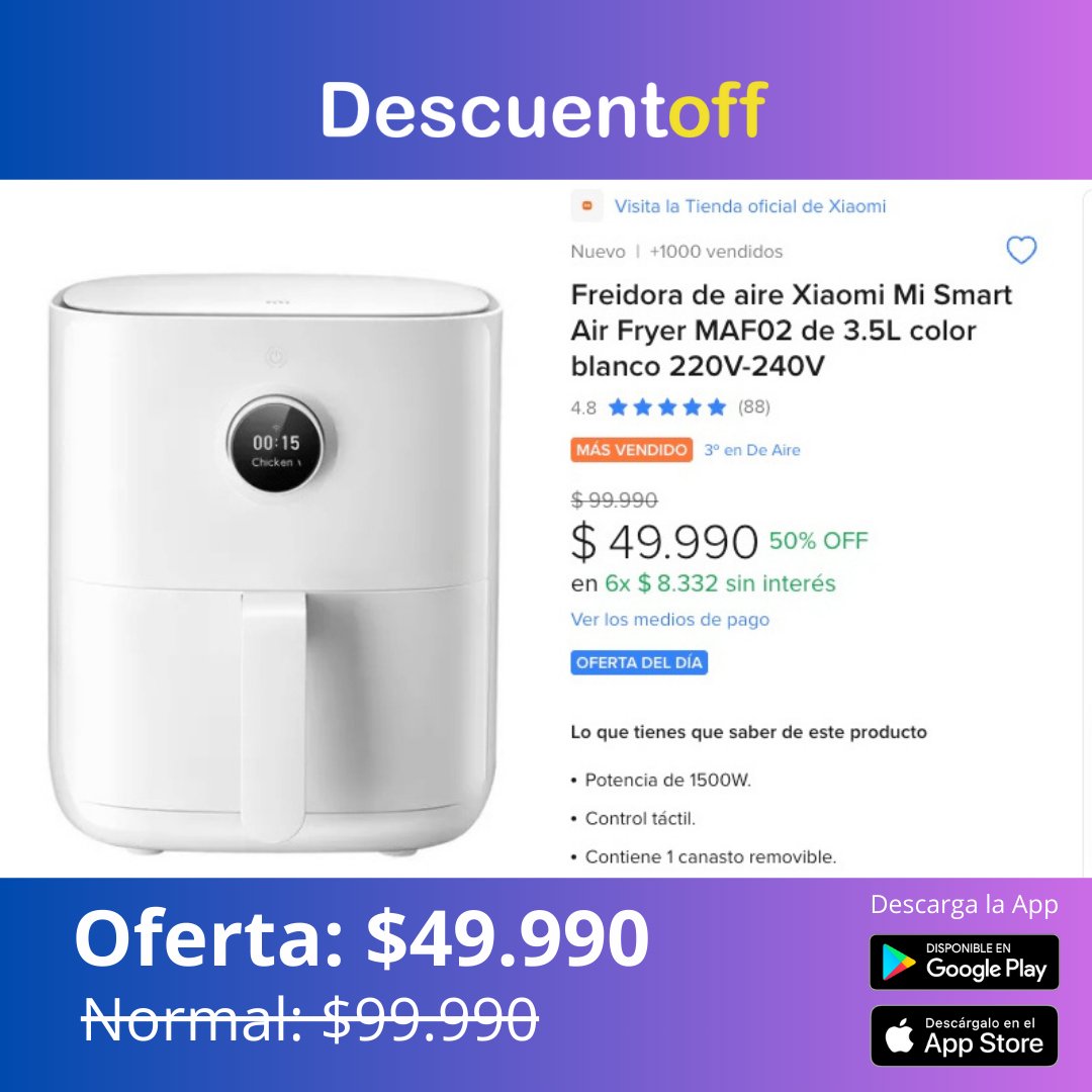 La tienda oficial Xiaomi en Mercado Libre tiene en oferta Freidora De Aire Xiaomi Mi Smart Air Fryer MAF02 de 3.5L. El envío es Gratis.
Link: descuentoff.cl/d/freidora-de-…