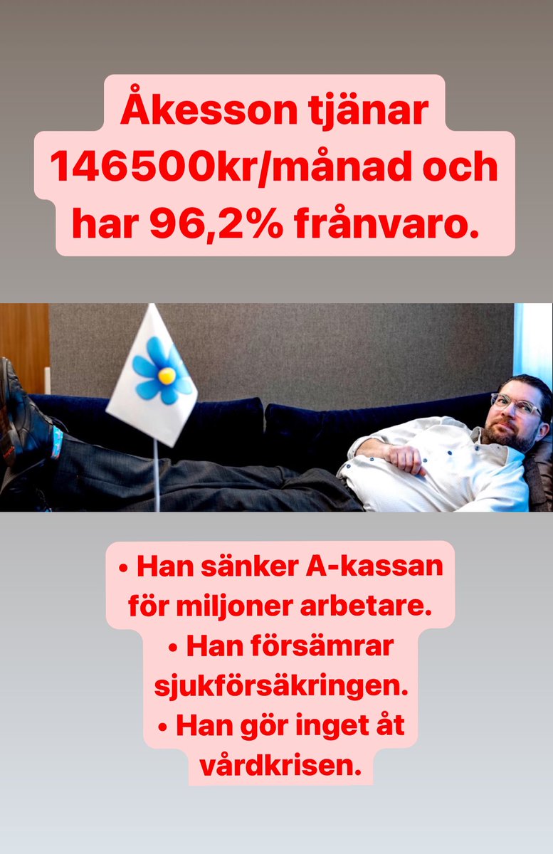 Soffan Åkesson tjänar 146500kr/månad. Han har 96,2% frånvaro. Han tycker att de miljoner svenskar med lägst lön skall få en sänkt A-kassa. #svpol