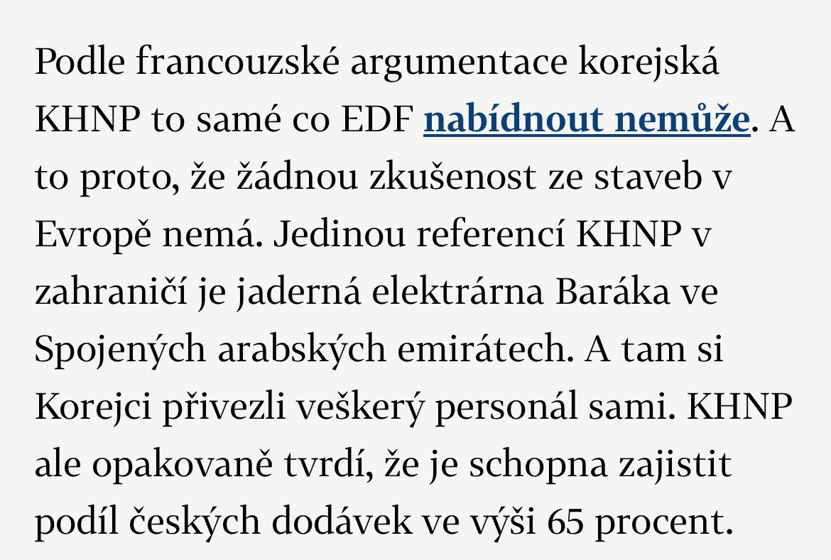 michalsnobr's tweet photo. ČESKO 🇨🇿je země  zázraků a kouzel a to i těch jaderných 😇🎉🤡

Česko obdrží do úterý nabídku až na 4 bloky jaderných elektráren. Už tak jsme překonali vše, co v jaderném světě bylo doposud možné. V únoru jsme si místo 1 bloku řekli o 4 bloky a to dokonce v jedné další lokalitě bez jakýchkoli podkladů pro dodavatele. Běží ale tendr jen na 1 blok a notifikace EU bude taktéž na 1 blok. V dubnu budeme mít nabídky 4 a už od začátku víme, že první blok bude o 25% levnější. 🤯

Politická aktivita Korejců poslední měsíce doslova nulová a to ve všech oblastech. Jak se zdá, tak už je odepsali i @hospodarky 🤷🏼‍♂️(viz. níže z aktuálního textu v HN) 

Za dalších/pouhých 45 dní prý bude 🇨🇿vláda rozhodovat. Spíše se ale zdá, že je rozhodnuto. 🇫🇷 si evidentně začne “diktovat” a @JozefSikela @P_Fiala @Zbynek_Stanjura začnou zpochybňovat/marginalizovat/přechytračovat jejich cenu 2 bloků v 🇬🇧#HinkleyPoint, která je v dnešních cenách 23 miliard £ za blok (1620 MW) tj. 700 miliard CZK/blok a bude se stavět ještě min. 5 let. Pro britské spotřibetele bude vyrábět elektřinu za 200 EUR/MWh a ta cena poroste každoročně 35 let o inflaci (podmínky contract of difference).  O 25 a míce miliard £ zdražení se pak ještě bude 🇫🇷 a 🇬🇧 soudit!
