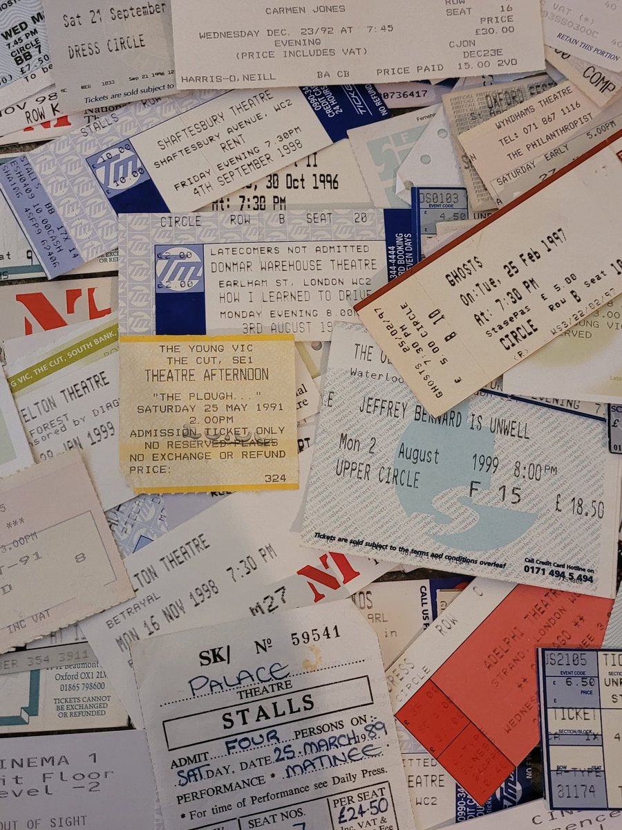 Been going through some boxes at Mum's, and she rescued all my 1990s theatre tickets from the bin. Peter O'Toole in Jeffrey Bernard is Unwell, Helen McCrory's breakout role at The Donmar, Judi Dench in The Plough and the Stars...average cost about 15 quid. How lucky we were.