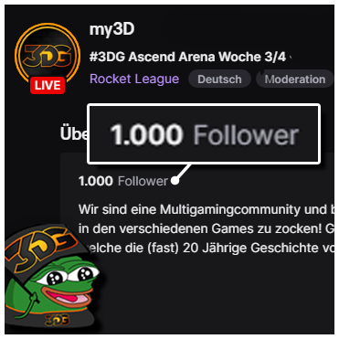 Wir haben es geschafft! 🎉
1000 Follower auf Twitch! 🚀

Ein riesiges Dankeschön an die Community und vor allem an unsere talentierten Caster! Ihr bringt unsere Rocket League Streams zum Leben! 

See you soon!
🔴 LIVE auf twitch.tv/my3d