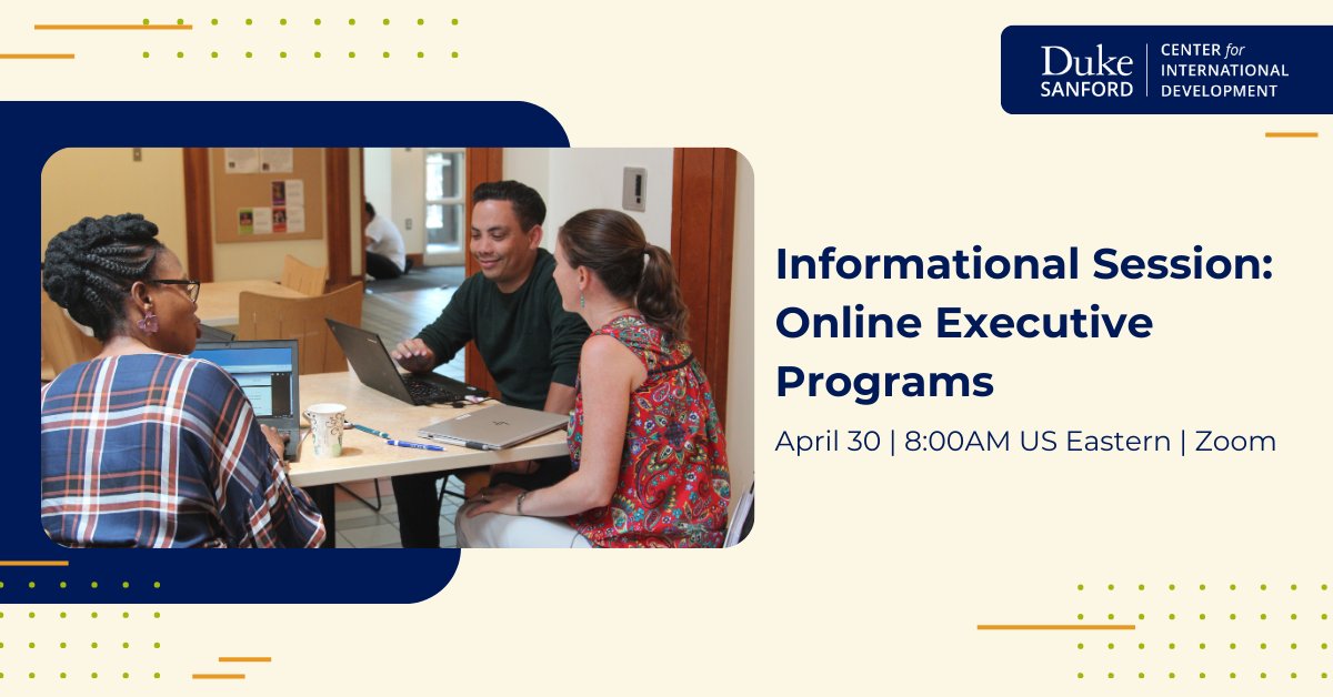 Advance your skills this summer with our online programs for #globaldev professionals: •Monitoring, Evaluation & Learning for Development •Behavioral Economics Learn more & meet the program directors online: 4/30, 8AM EDT Register for info session: duke.zoom.us/meeting/regist…