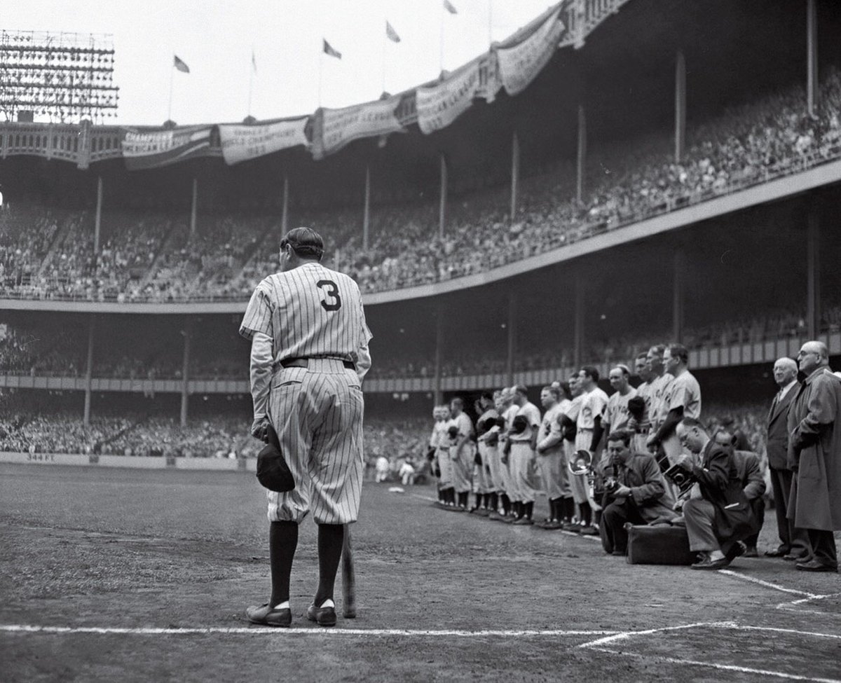 'Babe Ruth Day' at Yankee Stadium on this date April 27 in 1947. Ruth died 16 months later. Pulitzer Prize-winning photo by Nat Fein. #OTD #BaseballGuterman ⚾️