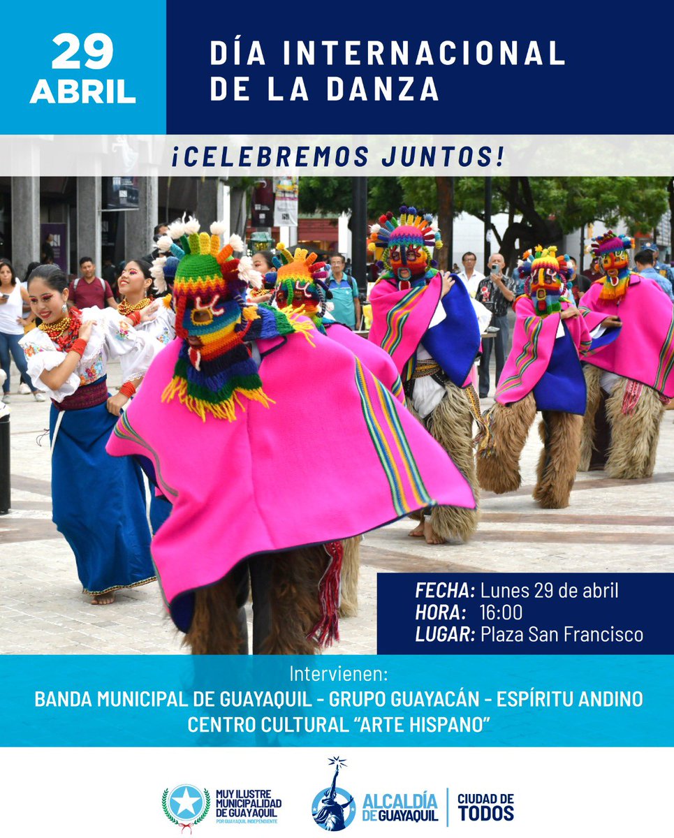 Celebraremos el Día Internacional de la Danza, con una actividad y puesta en escena de varias agrupaciones dancísticas Día: Lunes 29 de abril de 2024 Hora: 16h00 Lugar: Plaza San Francisco #AlcaldiaDeTodos @aquilesalvarez