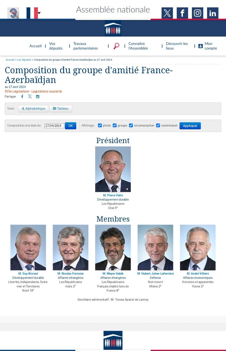 Quelle tristesse... 3 des 6 membres du groupe d'amitié France-Azerbaïdjan à @AssembleeNat sont des élus @lesRepublicains ! Pourtant,@valerieboyer13, @fxbellamy ou @BrunoRetailleau n'ont jamais ménagé leurs efforts pour dénoncer le régime criminel azéri et défendre les #Armeniens.