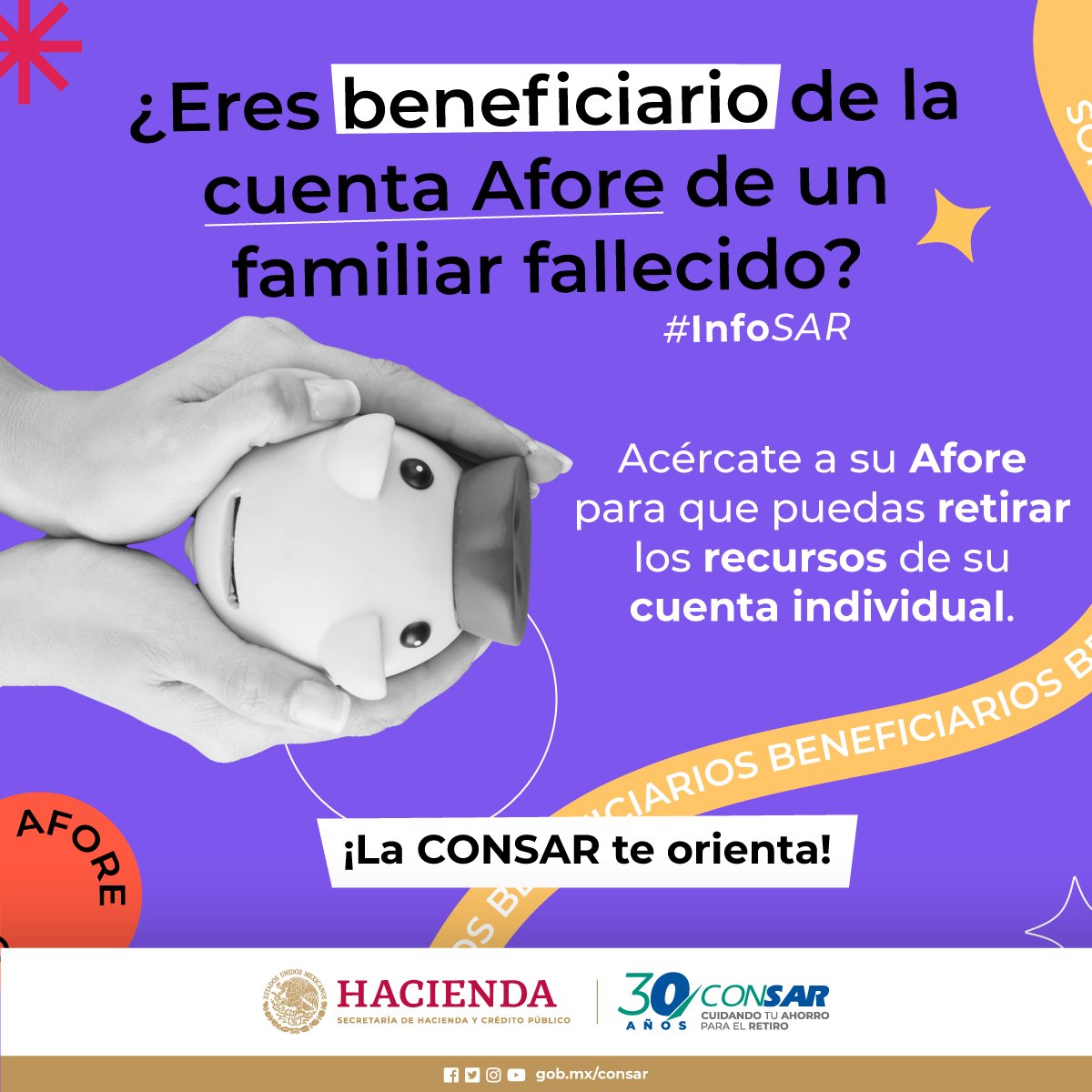 Si eres beneficiario de una cuenta individual, debes acercarte a la #Afore del trabajador fallecido para recuperar los recursos. Ingresa aquí para más información 👉: acortar.link/0lIjX5 #InfoSAR