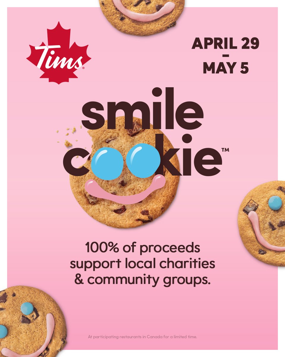 Counting down to #SmileCookieWeek! From April 29 to May 5, each Smile Cookie bought at participating Chilliwack @TimHortons supports Canuck Place. Preorder your treats now and help us spread smiles for a great cause! 🍪💜 forms.office.com/r/0J4DJ1b0e8