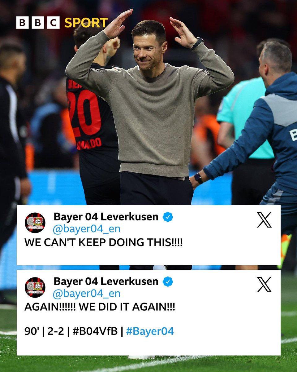 Bayer Leverkusen's incredible unbeaten run goes on 😅

Xabi Alonso's men equalised in injury time to go 46 games without defeat in all comps 😮

#BBCFootball