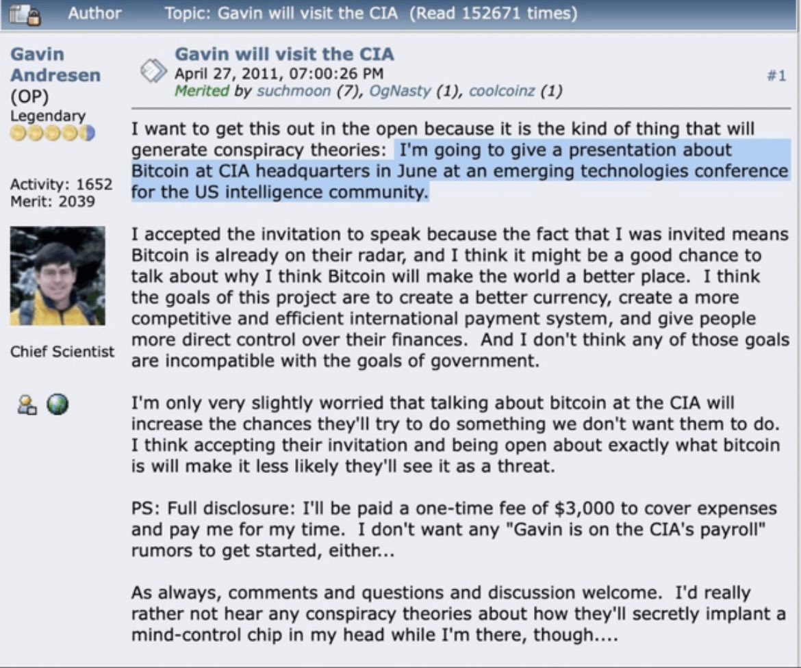 13 years ago today Satoshi disappeared after Gavin Andersen (an early #btc developer) set up a meeting with the CIA