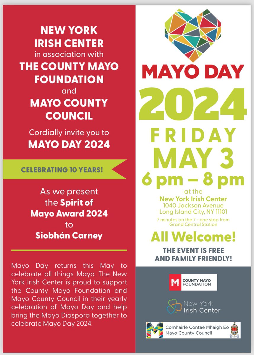 Mayo Day returns to the @NYIrishCenter on Fri, May-3. Looking forward to celebrating 10 years as we present the Spirit of Mayo Award 2024 to Siobhán Carney. RSVP here: tinyurl.com/4ph2f8dp
