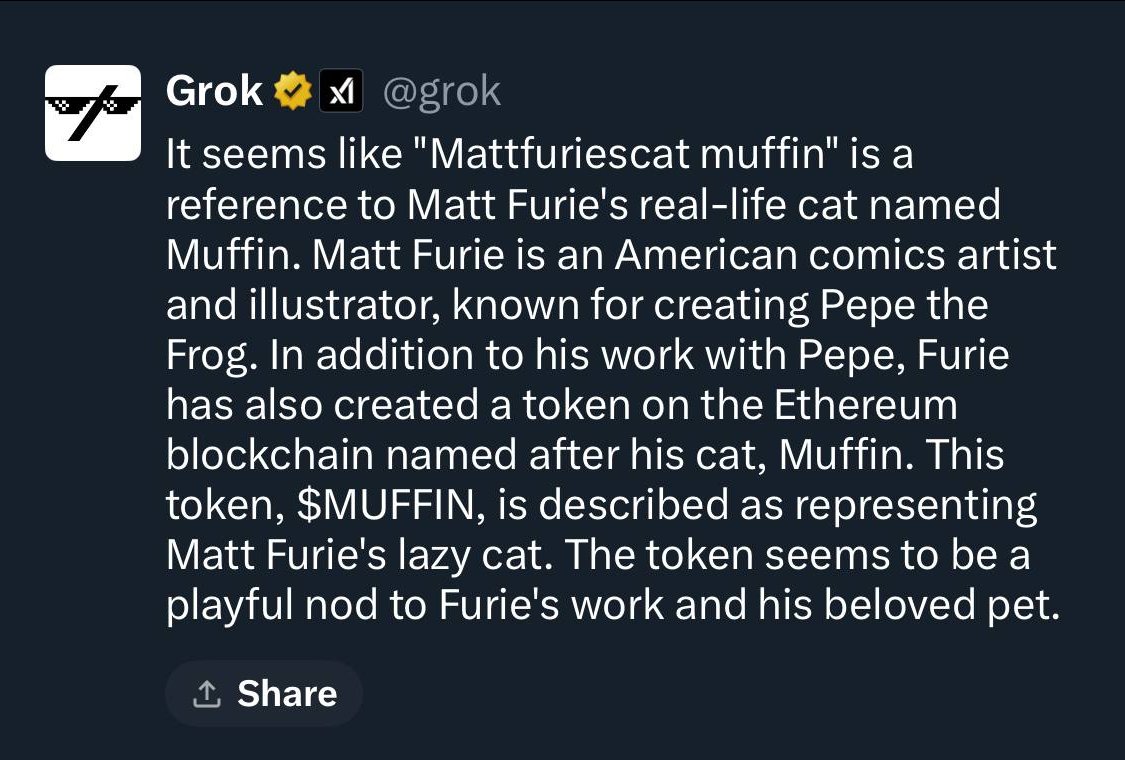 MattFuriesCat's tweet photo. Who is $MUFFIN?

If GROK knows who $MUFFIN is...

Why wouldn't you?🐱