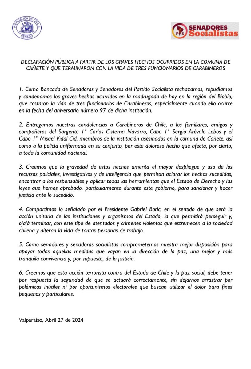 La Bancada de senadores Socialistas condena el crimen de tres carabineros en Cañete. Enviamos nuestras más sentidas condolencias a la familia, amigos, compañeros de institución y a todas las fuerzas policiales, tras este doloroso hecho que afecta a toda la comunidad nacional