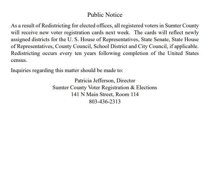 Public Service Announcement from Sumter County Office of Voter Registration & Elections #SumterCountySC #sumtersc